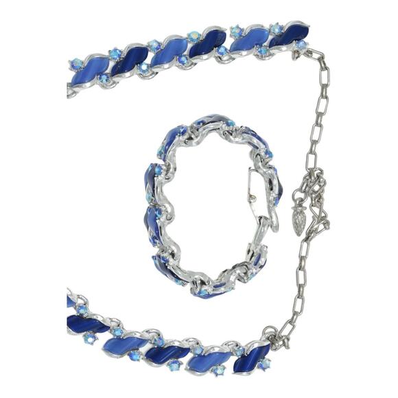 Vintage 1960s Silvertone Blue Thermoset Necklace Bracelet Set - Picture 4 of 11